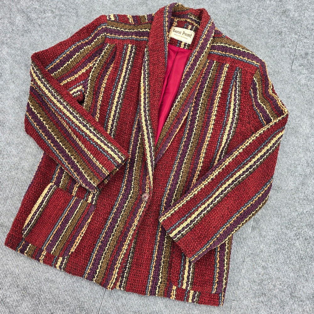 Vintage Dana Point Striped Boucle Knit Blazer Shawl Collar Jacket Burgundy Multi